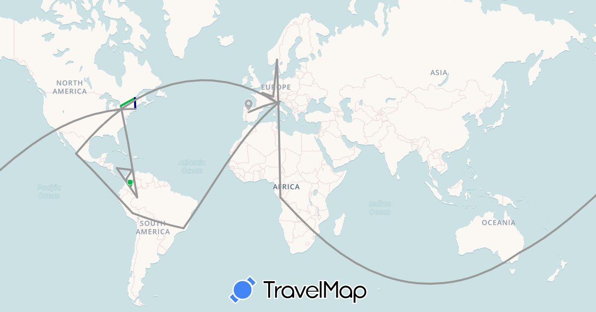 TravelMap itinerary: driving, bus, plane in Australia, Brazil, Canada, Republic of the Congo, Switzerland, Colombia, Spain, France, Italy, Mexico, Norway, Peru, United States (Africa, Europe, North America, Oceania, South America)